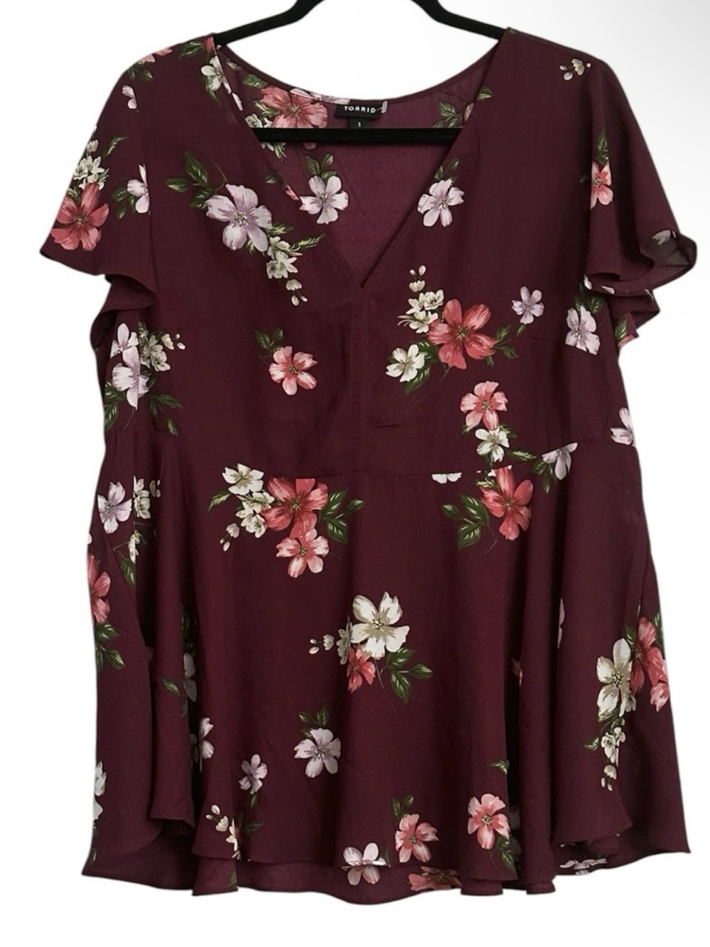 Torrid Burgundy Floral V-Neck Flutter Sleeve Blouse Size 1X